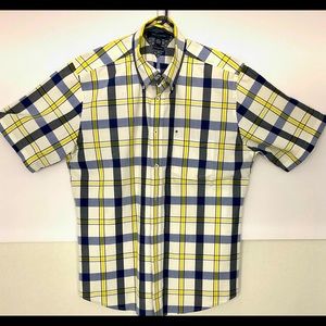 Tommy Hilfiger 80s Two Ply Cotton Button Up Short Sleeve Men’s Lrg Yellow Blue